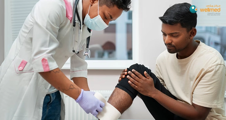 Doctor bandaging a man’s leg